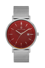 DAVID GUNER Gümüş Kaplama Kırmızı Kadranlı Takvimli Çelik Örme Kordon Erkek Kol Saati - DG-8320GC-A2