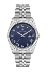 DAVID GUNER Gümüş Kaplama Mavi Kadranlı Roma Rakamlı Takvimli Paslanmaz Masif Çelik Erkek Kol Saati - DG-8085GA-A3