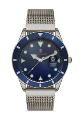 DAVID GUNER Gümüş Kaplama Mavi Kadranlı Takvimli Çelik Örme Kordon Erkek Kol Saati - DG-8328GC-A3