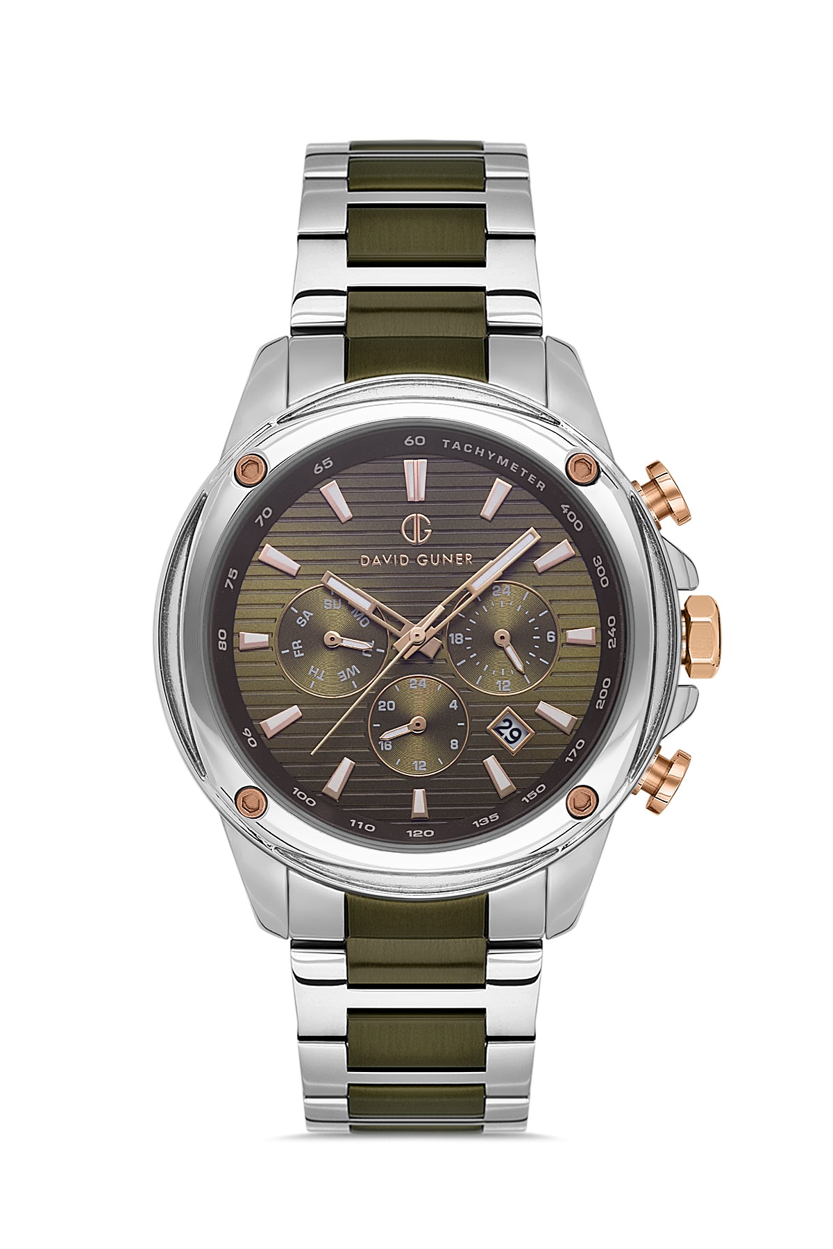 DAVID GUNER Gümüş Kaplama Yeşil Kadranlı Paslanmaz Masif Çelik Erkek Kol Saati - DG-8625GA-ZM10