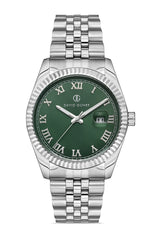 DAVID GUNER Gümüş Kaplama Yeşil Kadranlı Roma Rakamlı Takvimli Paslanmaz Masif Çelik Erkek Kol Saati - DG-8085GA-A10