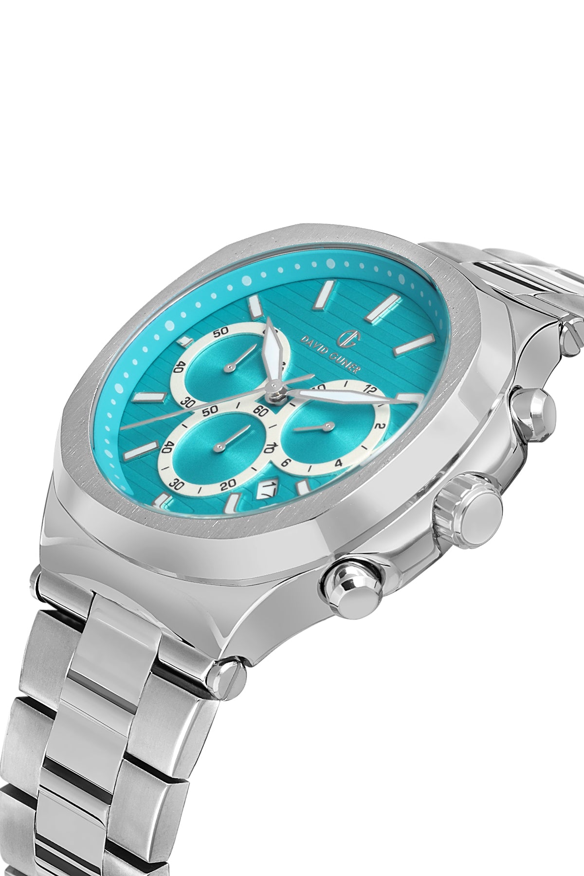 DAVID GUNER Turkuaz Kadranlı Gümüş Paslanmaz Masif Çelik Erkek Kol Saati - DG-8522GA-A15