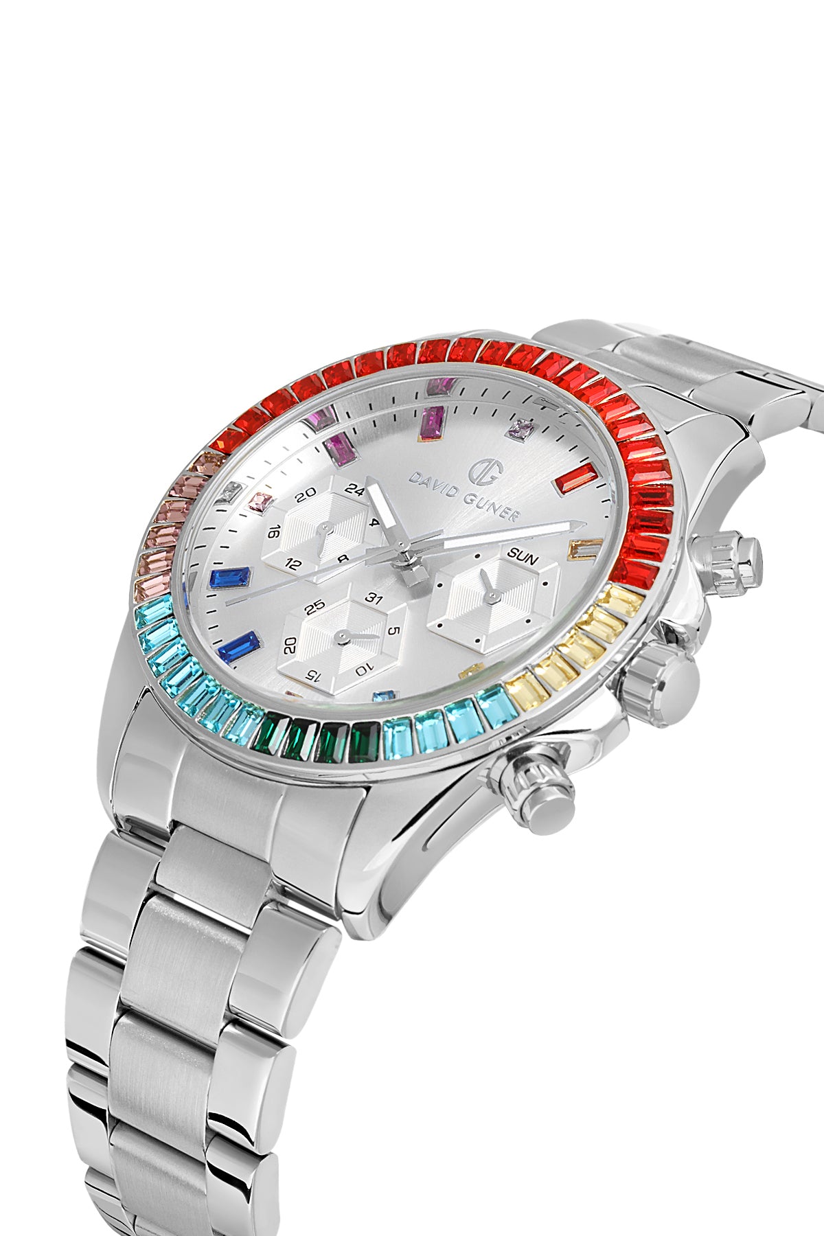 DAVID GUNER Gümüş Kadranlı Renkli Taşlı Multi Fonksiyon Paslanmaz Çelik Kadın Kol Saati - DG-8678GA-A1