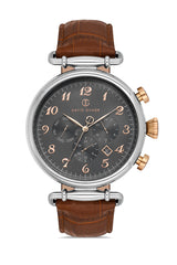 DAVID GUNER Silver Plating Men's Watch with Gray Dial and Brown Leather Band