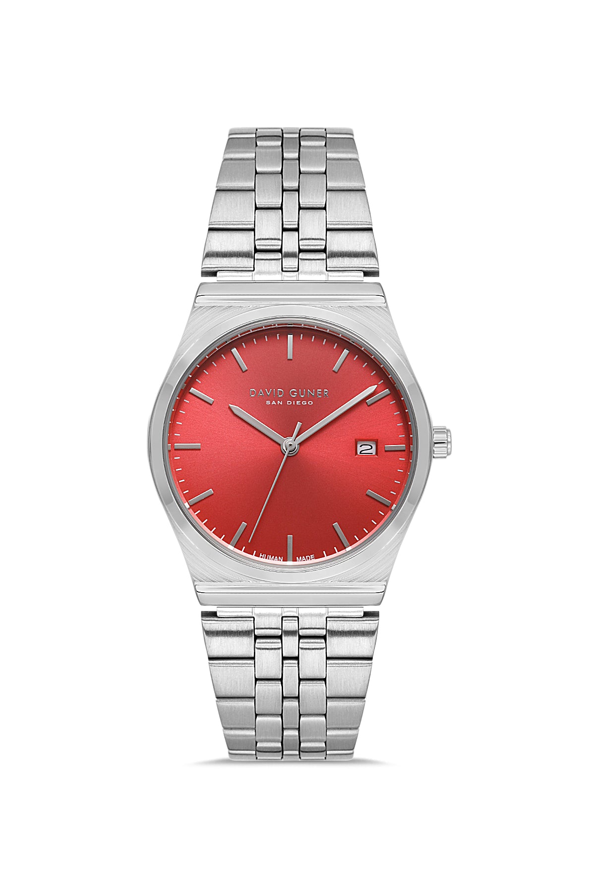 DAVID GUNER Gümüş Kaplama Kırmızı Kadranlı Takvimli Unisex Kol Saati