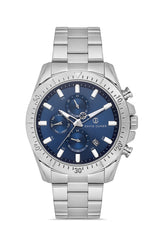 DAVID GUNER Mavi Kadranlı Gümüş Kaplama Paslanmaz Masif Çelik Kordonlu Multi Fonksiyonlu Erkek Kol Saati