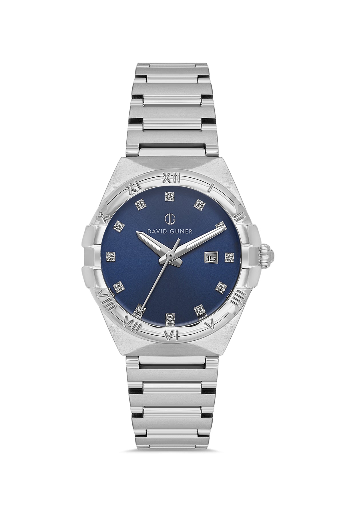 DAVID GUNER Mavi Kadranlı Gümüş Kaplama Paslanmaz Masif Çelik Kordonlu Takvimli Kadın Kol Saati