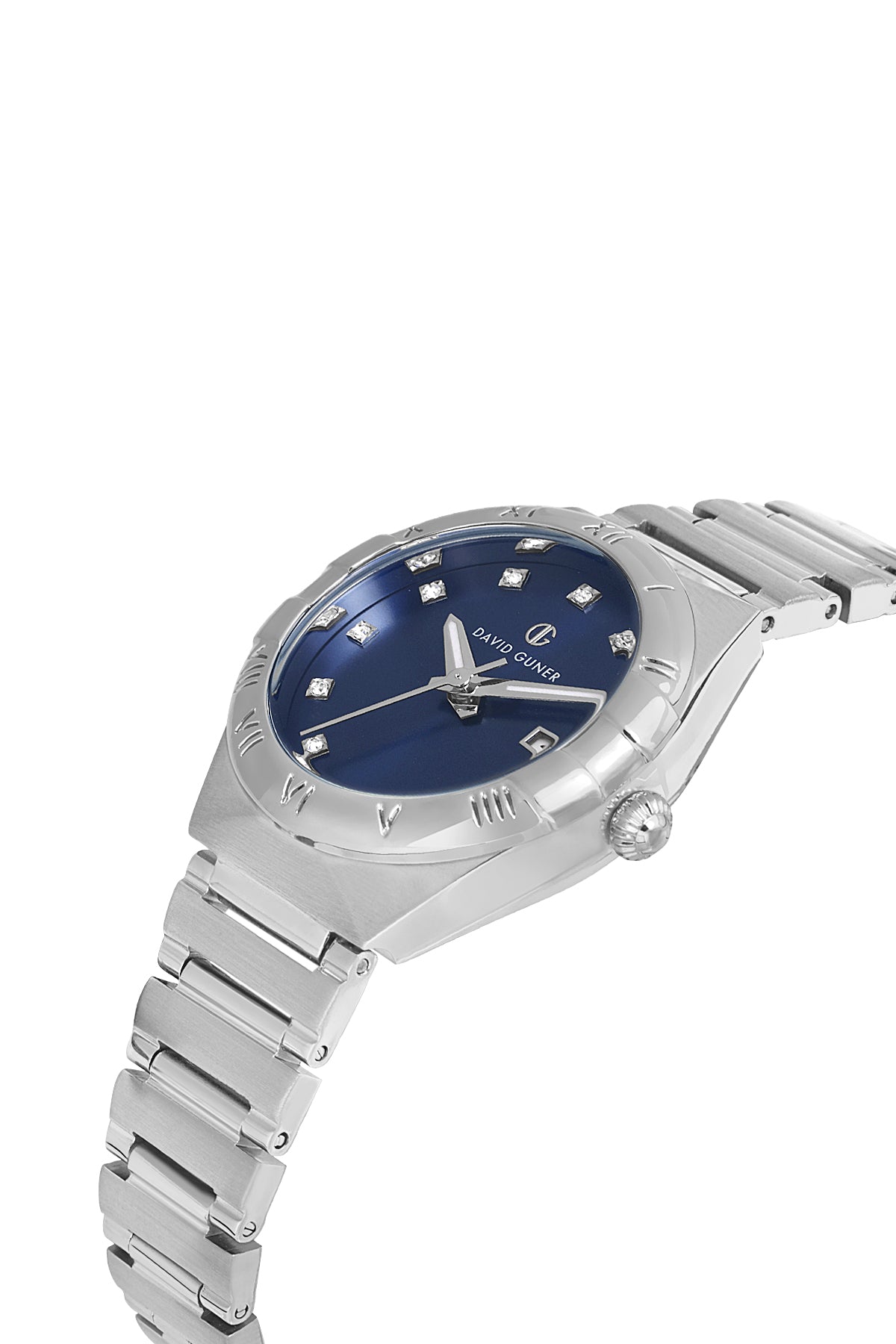 DAVID GUNER Mavi Kadranlı Gümüş Kaplama Paslanmaz Masif Çelik Kordonlu Takvimli Kadın Kol Saati