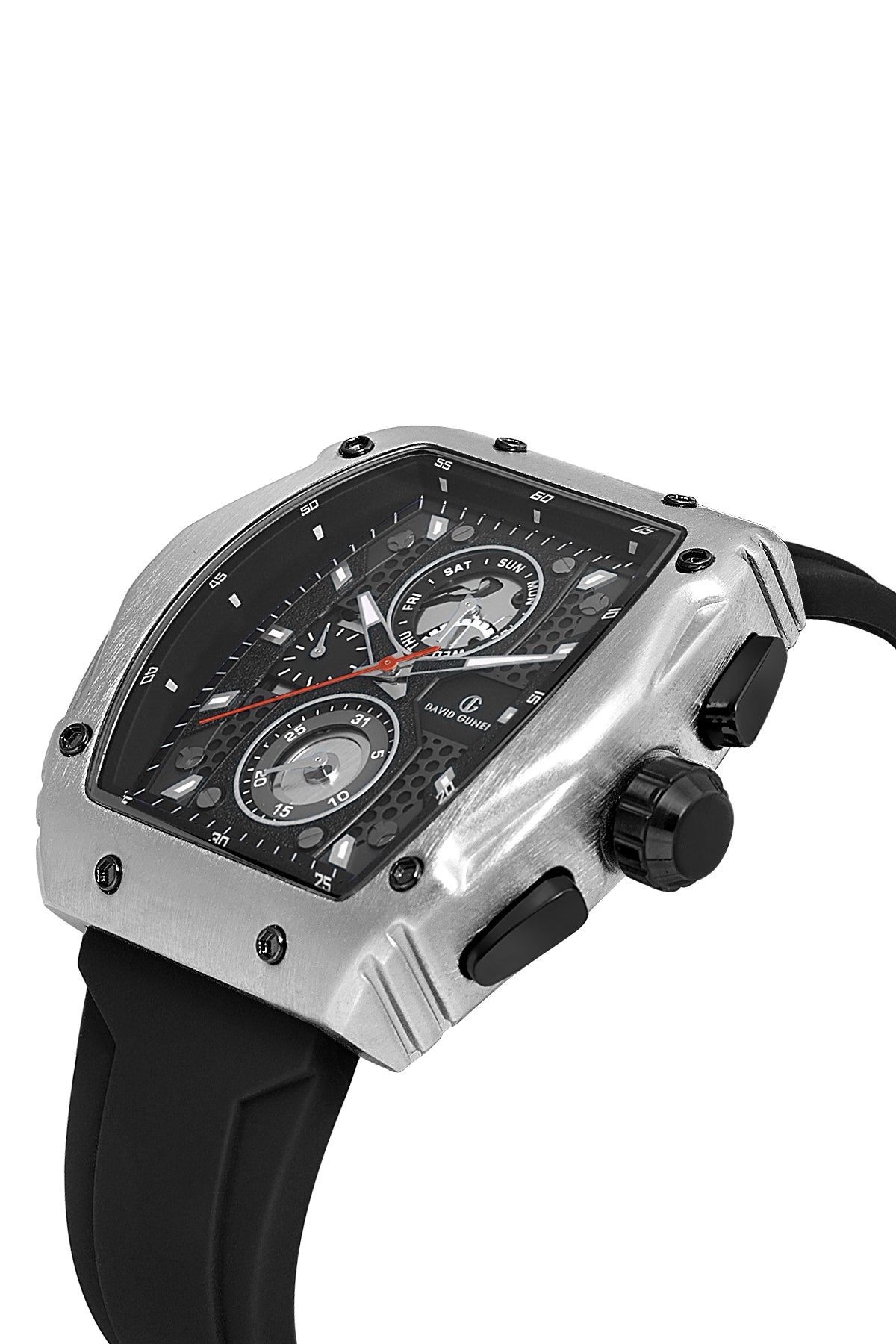 DAVID GUNER Siyah Silikon Kordonlu Siyah Kadranlı Gümüş Kaplamalı Multi Fonksiyonlu Erkek Dikdörtgen Kol Saati - DG-8487GD-J2