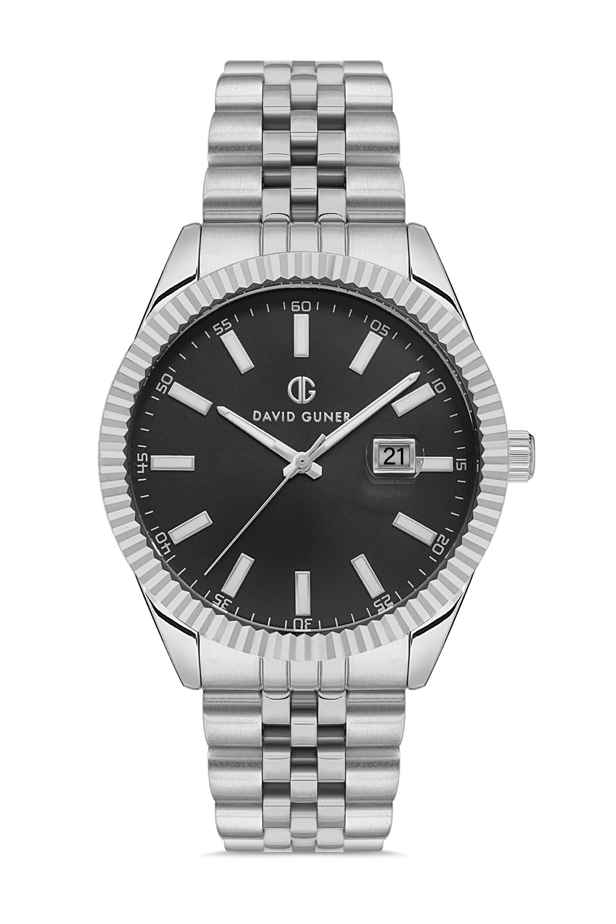 DAVID GUNER Gümüş Renk Kaplamalı Siyah Kadranlı Takvimli Erkek Kol Saati DG-8626GA-A2