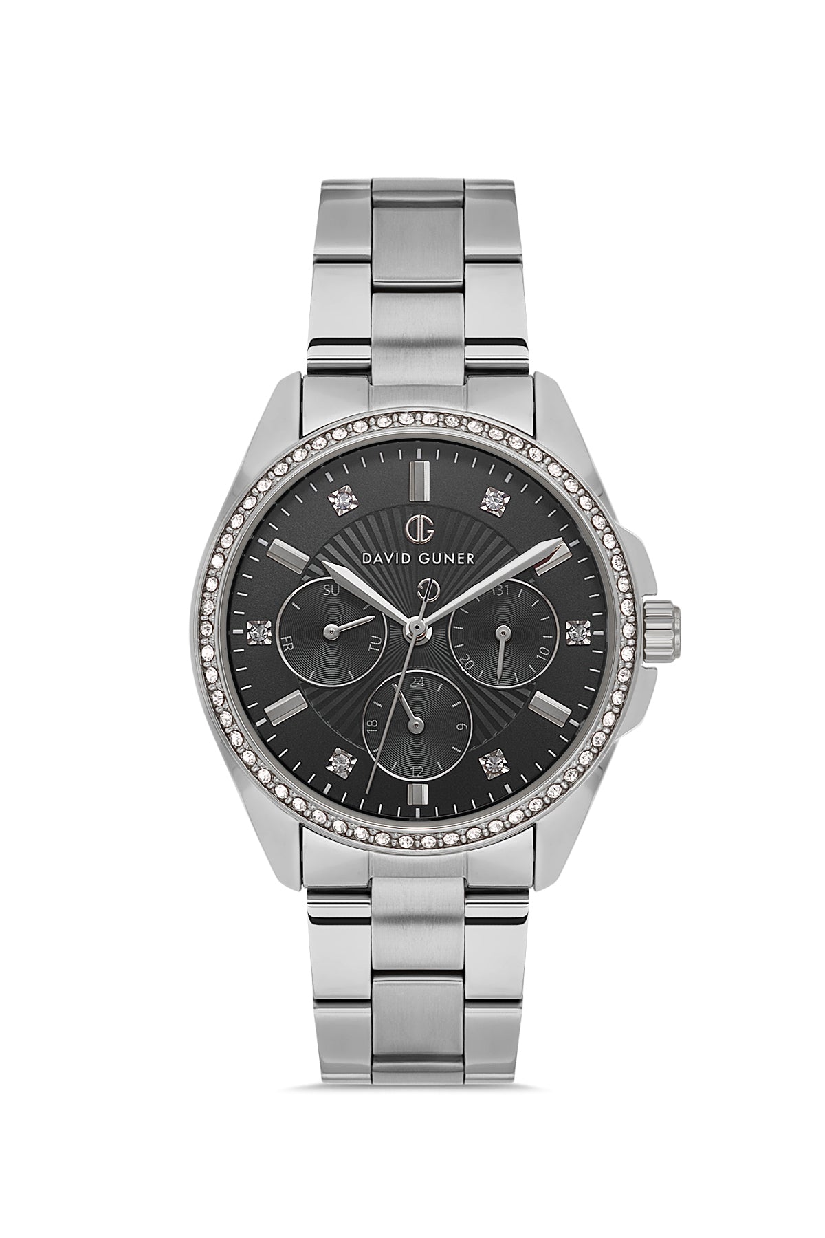 DAVID GUNER Siyah Kadranlı Gümüş Kaplama Paslanmaz Masif Çelik Kordonlu Multi Fonksiyonlu Kadın Kol Saati