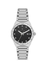 DAVID GUNER Siyah Kadranlı Gümüş Kaplama Paslanmaz Masif Çelik Kordonlu Takvimli Kadın Kol Saati