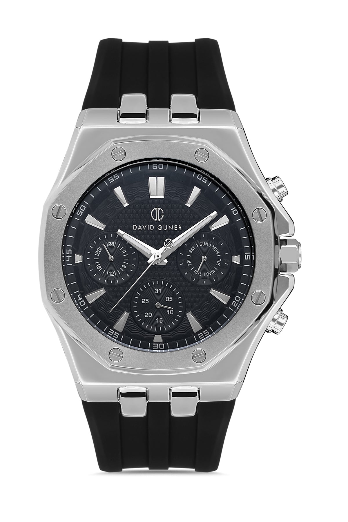 DAVID GUNER Silver Plating Men's Watch with Black Silicone Band