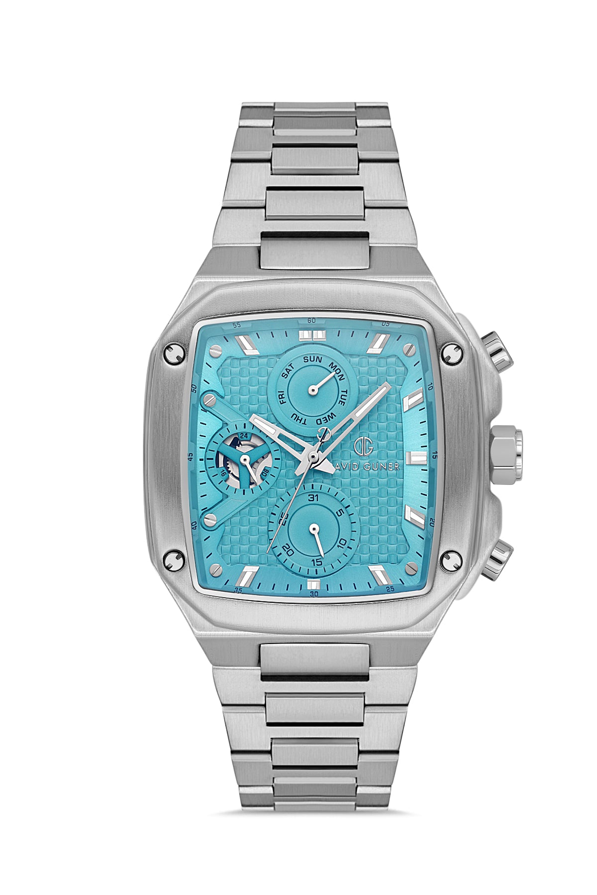DAVID GUNER Gümüş Kaplama Turkuaz Kadranlı Multi Fonksiyon Erkek Kol Saati