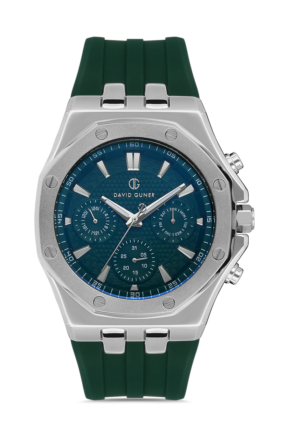 DAVID GUNER Silver Plating Men's Watch with Green Silicone Band