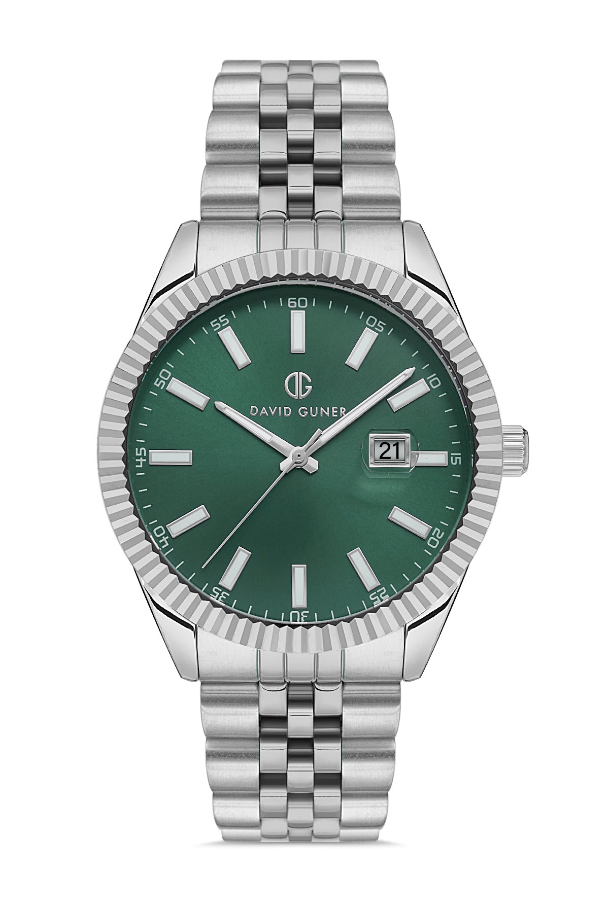 DAVID GUNER Gümüş Kaplama Yeşil Kadranlı Takvimli Erkek Kol Saati