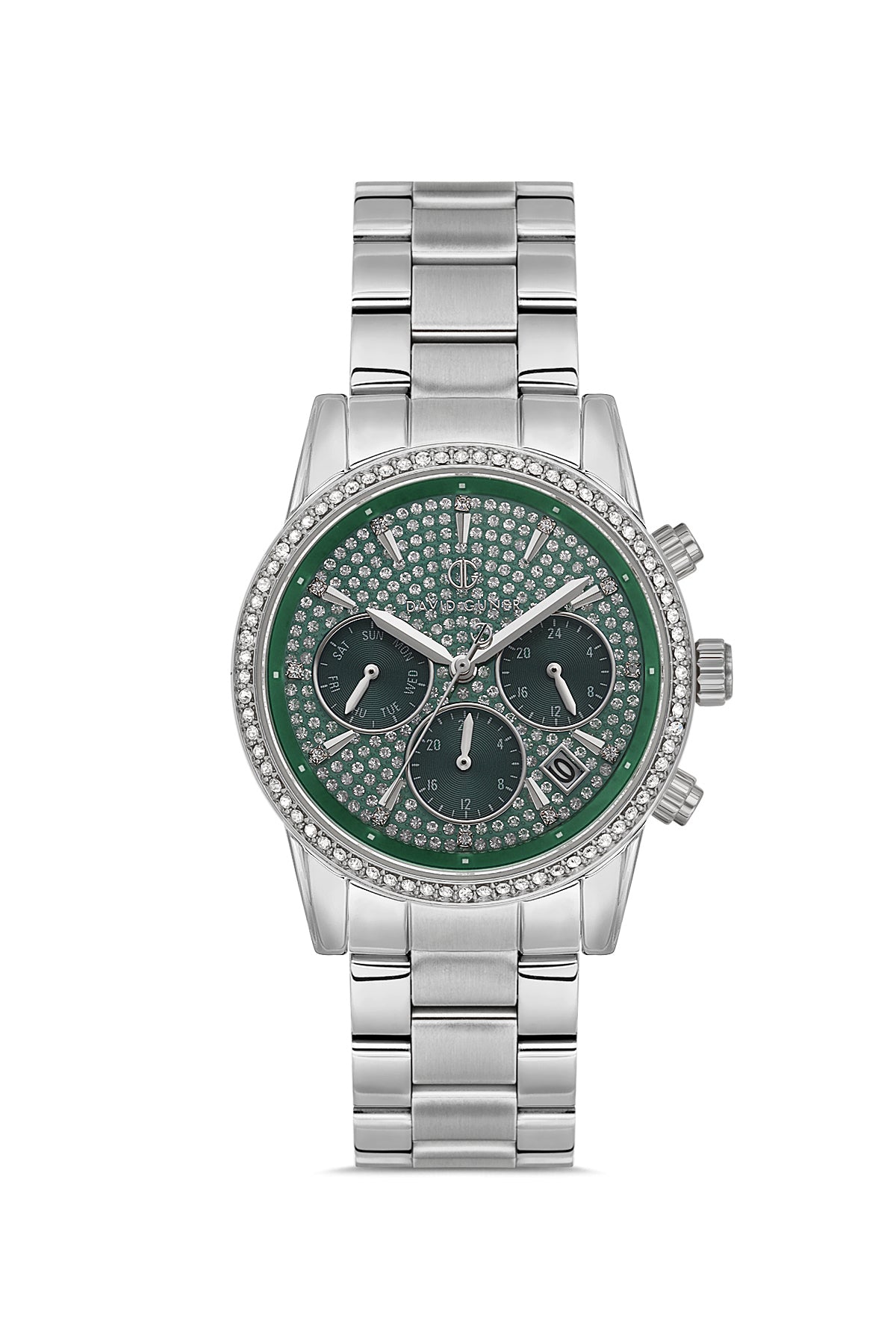 DAVID GUNER Yeşil Kadranlı Gümüş Kaplama Paslanmaz Masif Çelik Kordonlu Multi Fonksiyonlu Kadın Kol Saati