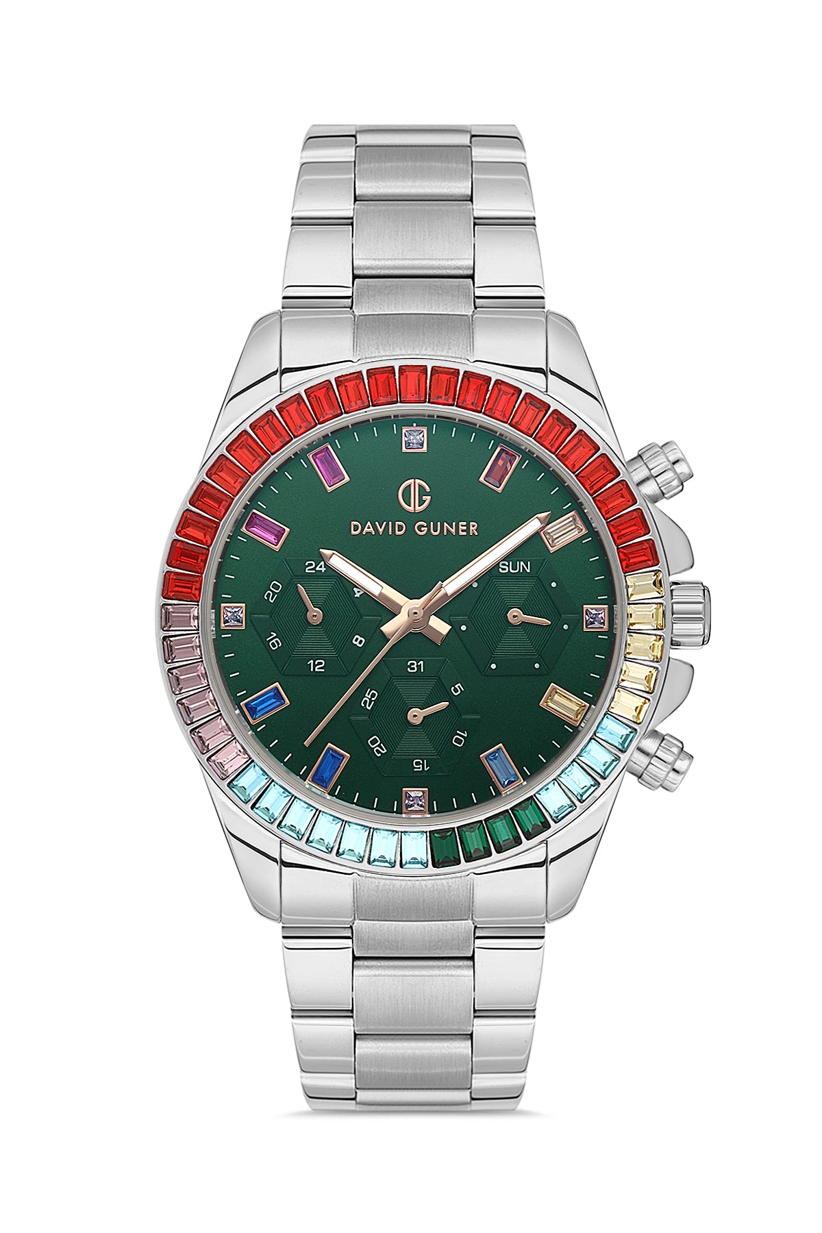 DAVID GUNER Gümüş Kaplama Yeşil Kadranlı Multi Fonksiyon Paslanmaz Masif Çelik Uniseks Kol Saati - DG-8678GA-A10