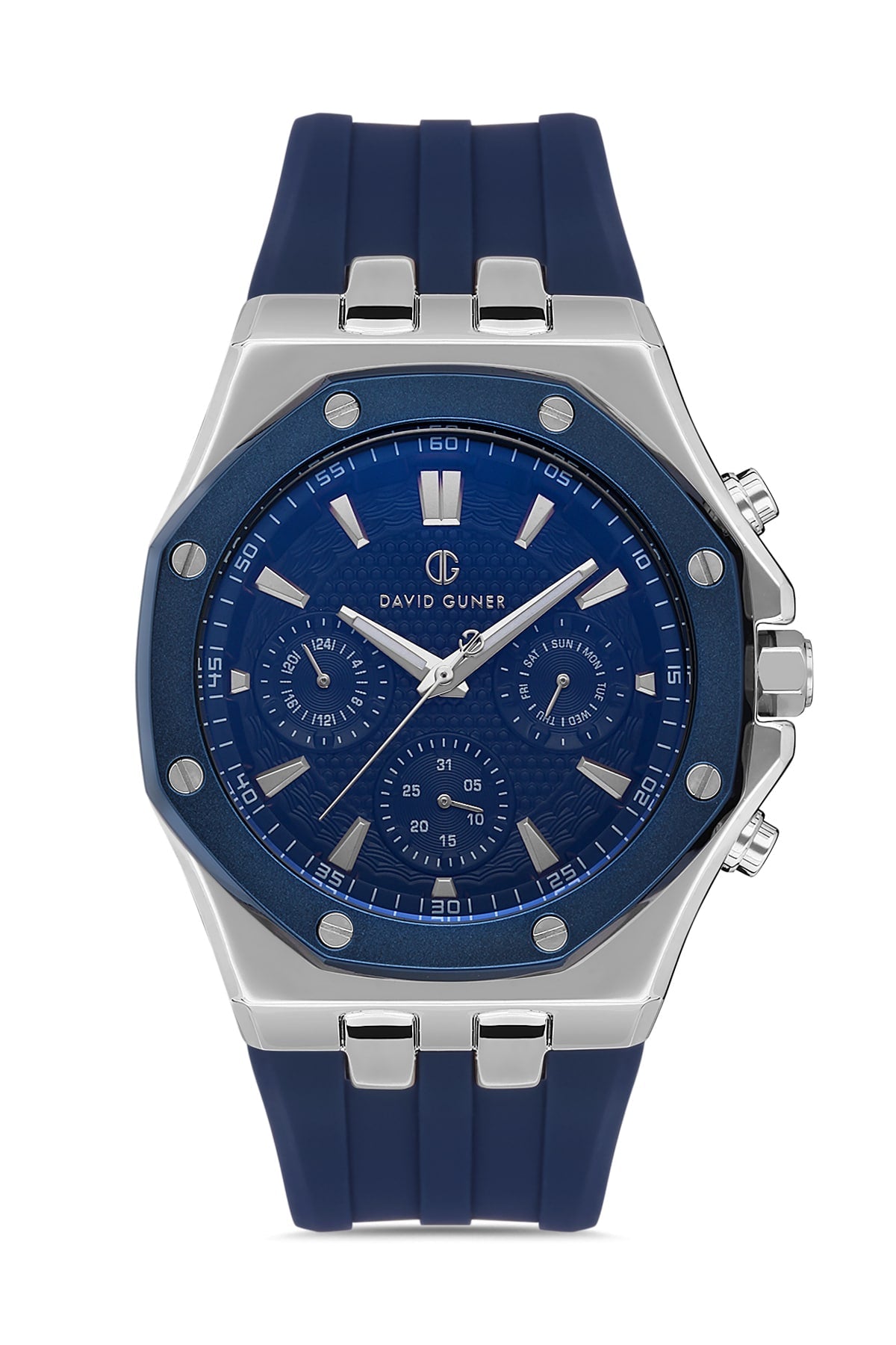DAVID GUNER Silver Navy Blue Coated Men's Watch with Navy Blue Silicone Band