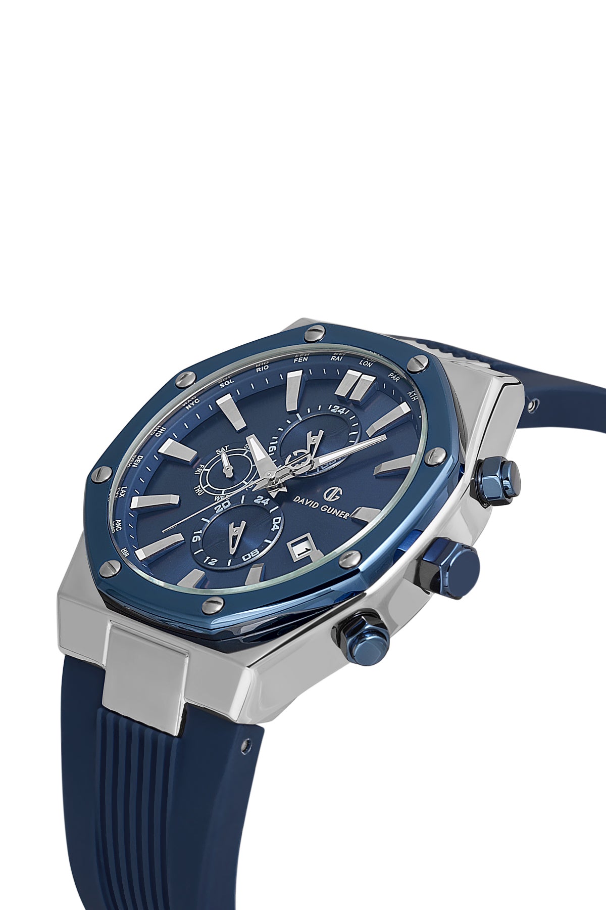 DAVID GUNER Gümüş Mavi Kaplama Multi Fonksiyonlu Mavi Kadranlı Silikon Kayışlı Erkek Kol Saati - DG-8821GD-L3