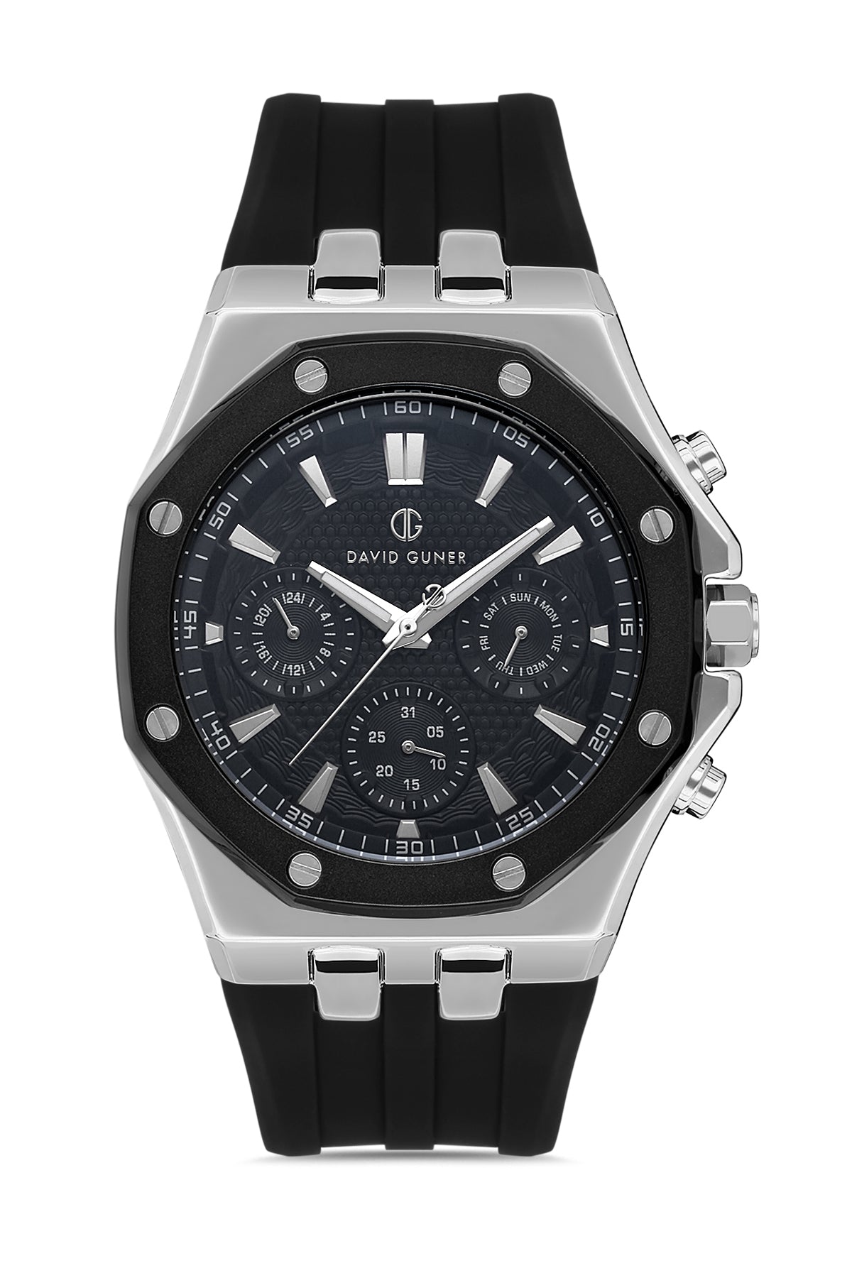 DAVID GUNER Gümüş Siyah Kaplamalı Silikon Kordonlu Erkek Kol Saati - DG-8396GD-J2