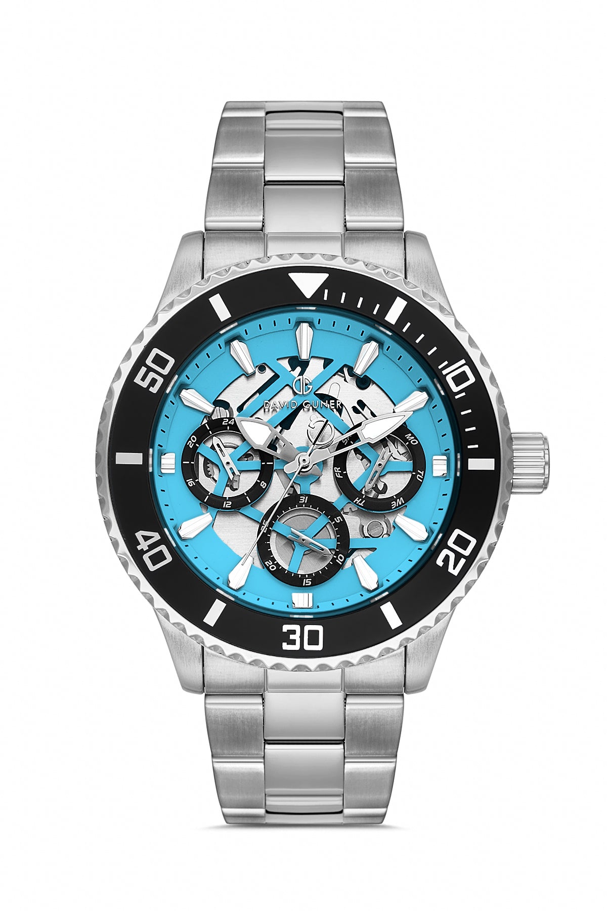 DAVID GUNER Gümüş Kaplama Siyah Kadranlı Turkuaz Detaylı Multi Fonksiyonlu Erkek Kol Saati - DG-8851GA-J15