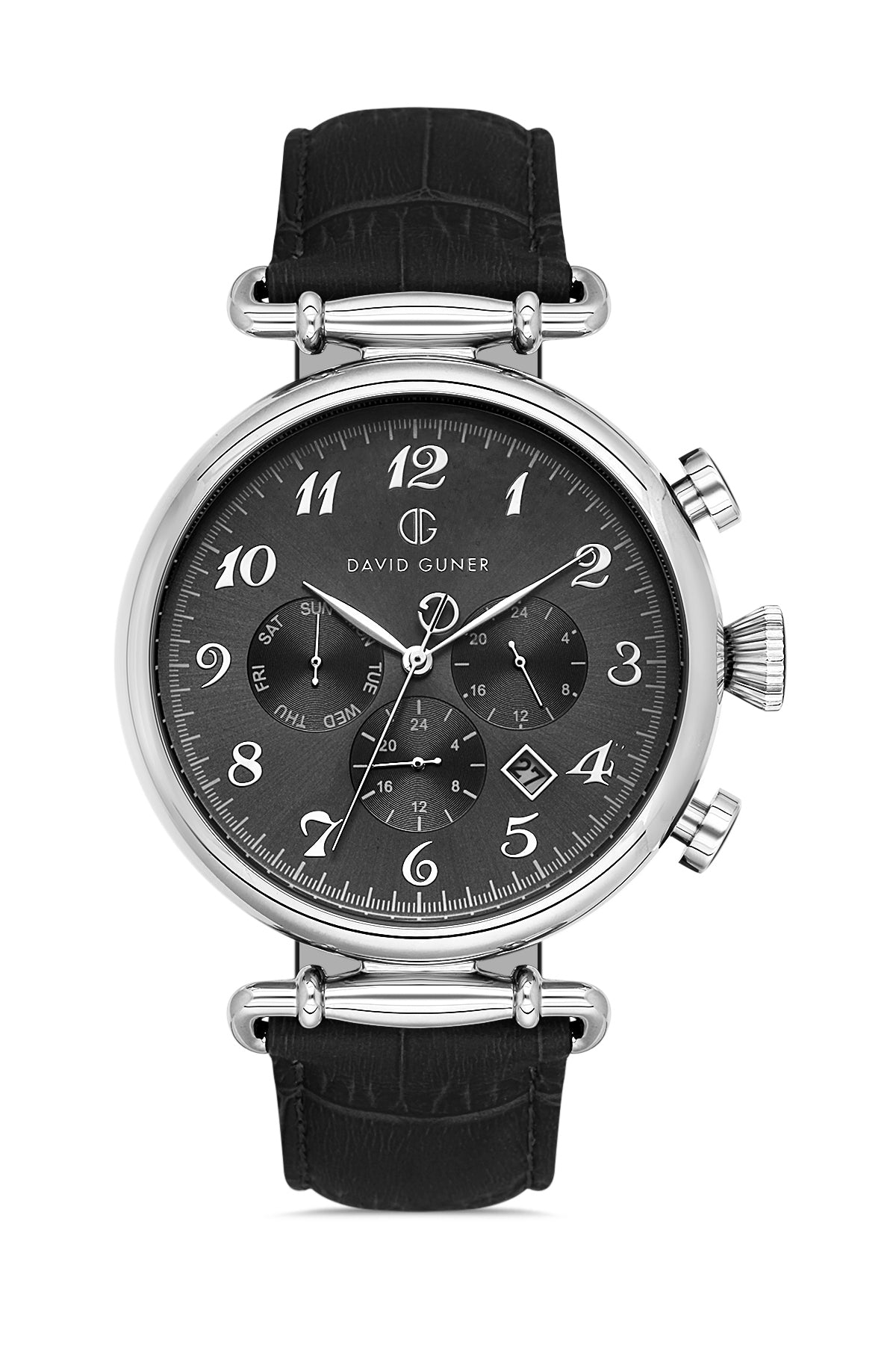 DAVID GUNER Men's Watch with Black Dial and Black Leather Band