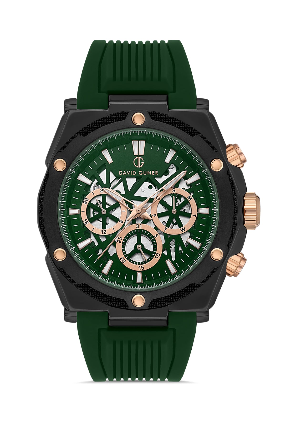 DAVID GUNER Gun Kaplamalı Yeşil Silikon Kordonlu Multi Fonksiyonlu Erkek Kol Saati - DG-8641GD-ZX10