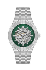 DAVID GUNER Yeşil Kadranlı Gümüş Kaplama Paslanmaz Masif Çelik Kordonlu Otomatik Erkek Kol Saati