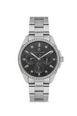 DAVID GUNER Siyah Kadranlı Gümüş Kaplama Paslanmaz Masif Çelik Kordonlu Multi Fonksiyonlu Kadın Kol Saati