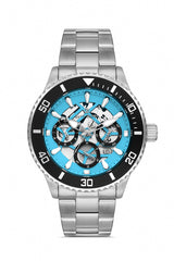 DAVID GUNER Gümüş Kaplama Siyah Kadranlı Turkuaz Detaylı Multi Fonksiyonlu Erkek Kol Saati - DG-8851GA-J15