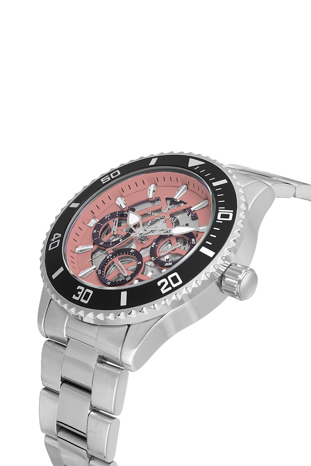 DAVID GUNER Gümüş Kaplama Siyah Kadranlı Somon Detaylı Multi Fonksiyonlu Erkek Kol Saati - DG-8851GA-J16