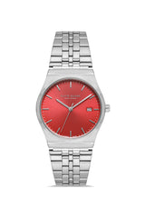 DAVID GUNER Gümüş Kaplama Kırmızı Kadranlı Takvimli Unisex Kol Saati