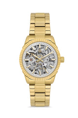 DAVID GUNER Gümüş Kadranlı Sarı Kaplama Paslanmaz Masif Çelik Kordonlu Otomatik Kadın Kol Saati