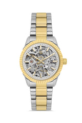 DAVID GUNER Gümüş Kadranlı Sarı Beyaz Kaplama Paslanmaz Masif Çelik Kordonlu Otomatik Kadın Kol Saati