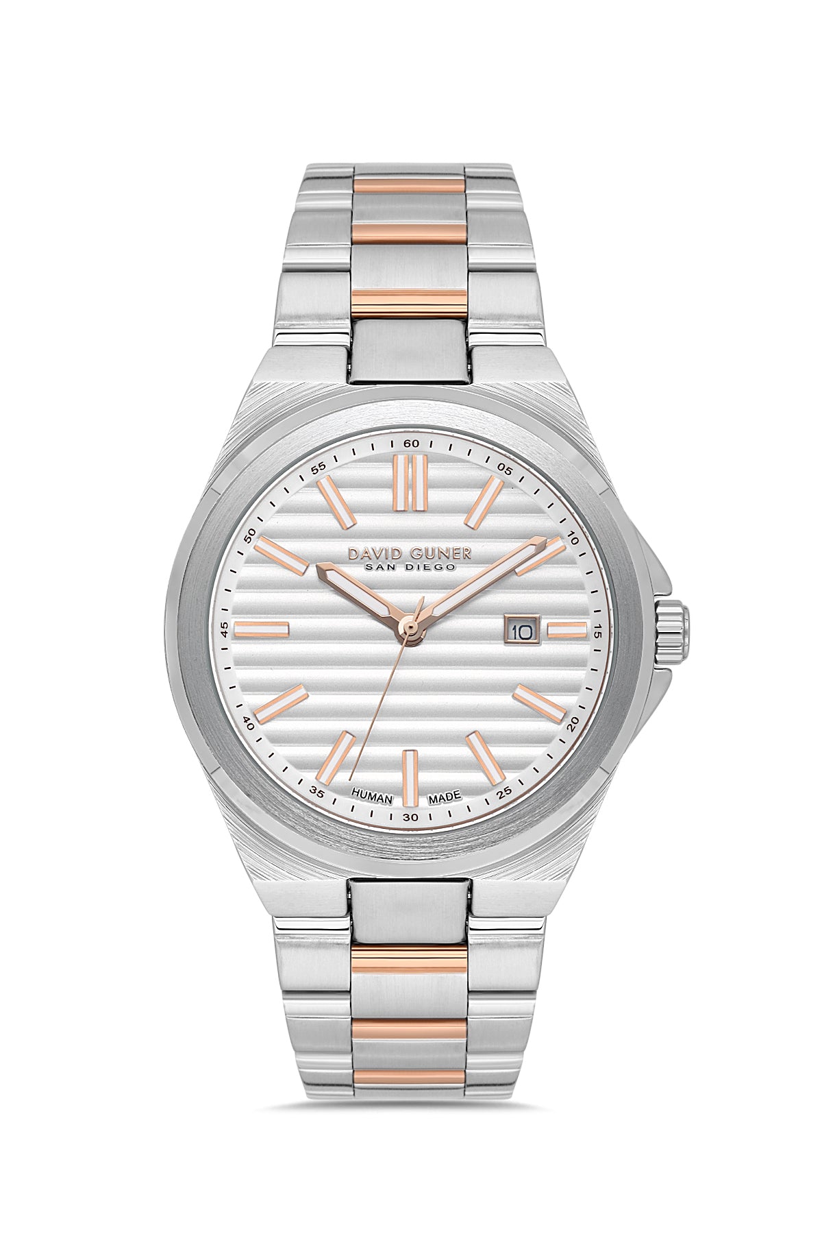 DAVID GUNER Erkek Kol Saati Rose Beyaz Kaplama Gümüş Kadran Takvimli DG-8872GA-E1