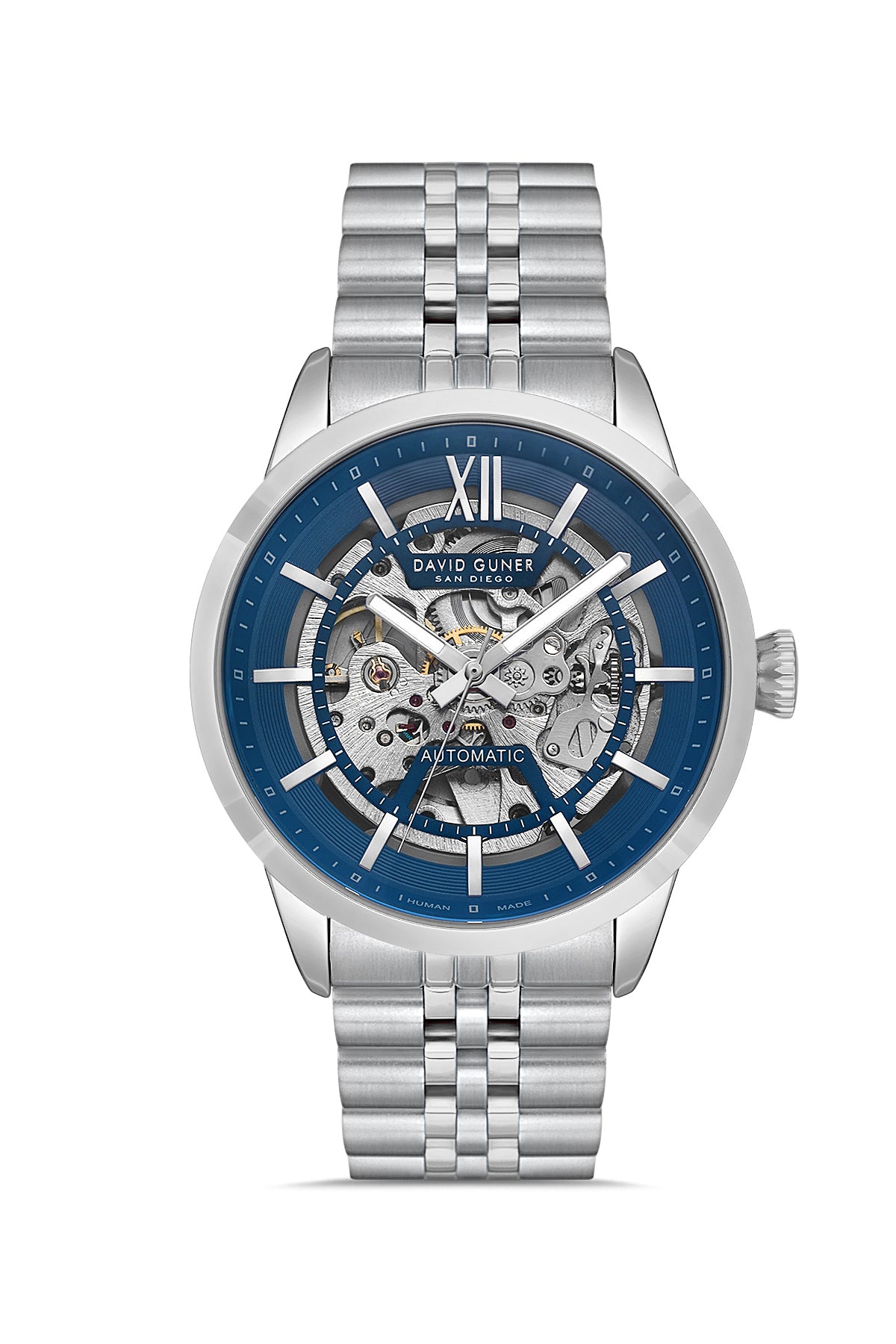 DAVID GUNER Gümüş Kaplama Mavi Kadranlı Paslanmaz Masif Çelik Erkek Kol Saati - DG-8835GA-A3