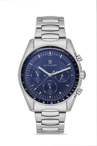DAVID GUNER Lacivert Kadranlı Gümüş Kaplamalı Multifonksiyonlu Erkek Kol Saati - DG-8670GA-A3
