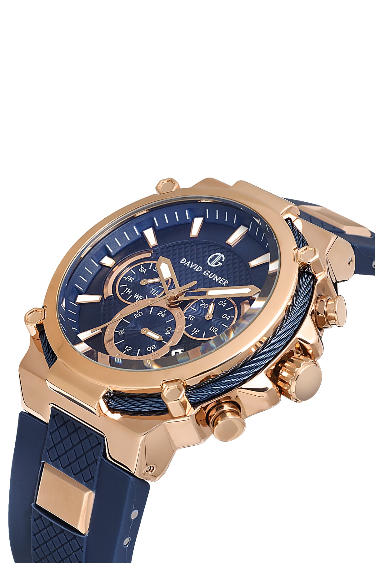 DAVID GUNER Mavi Silikon Kordonlu Mavi Kadranlı Rose Kaplamalı Multi Fonksiyonlu Erkek Kol Saati - DG-8270GD-T3
