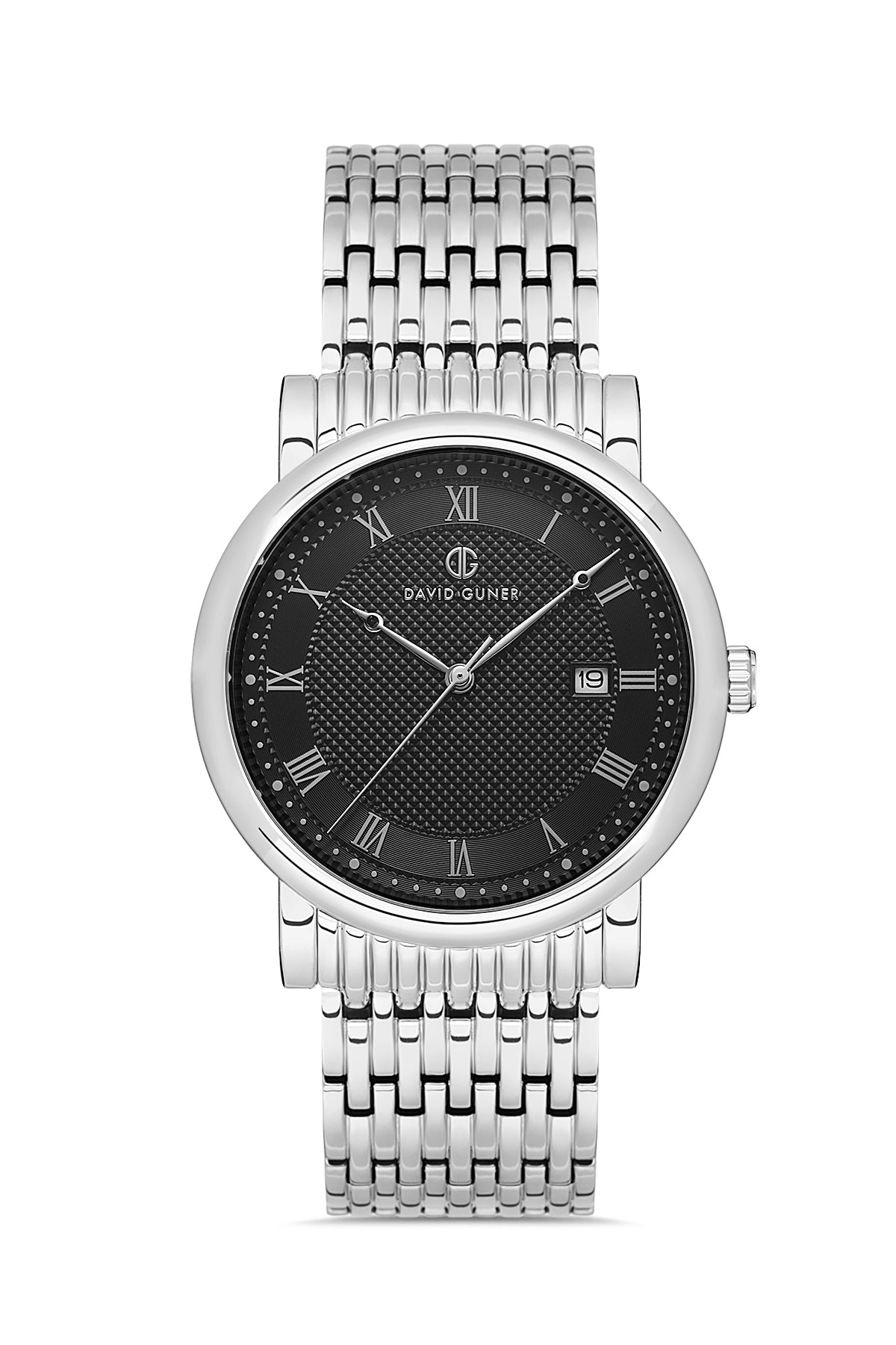 DAVID GUNER Roma Rakamlı Siyah Kadranlı Gümüş Kaplamalı Takvimli Erkek Kol Saati - DG-8672GA-A2