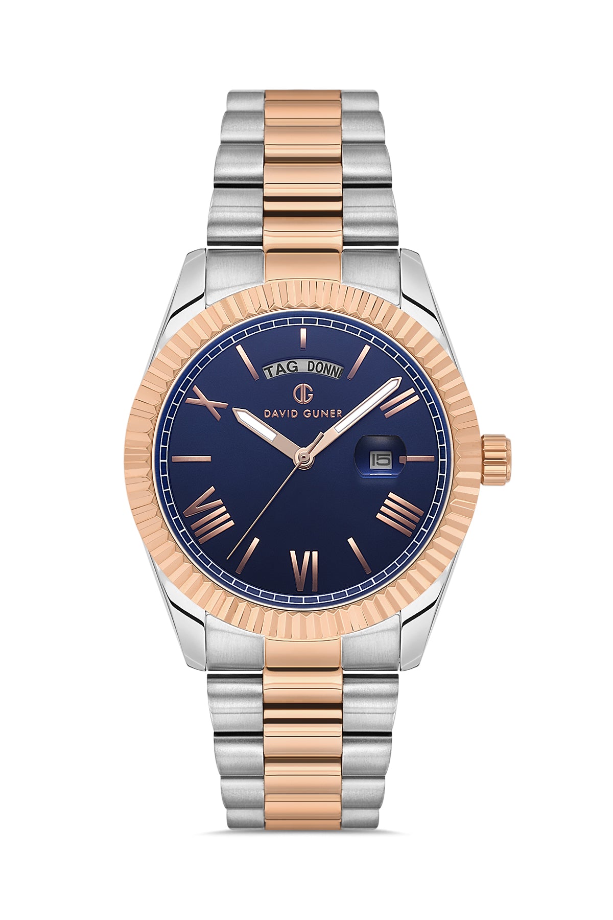 DAVID GUNER Rose Beyaz Kaplama Mavi Kadranlı Takvimli Paslanmaz Masif Çelik Erkek Kol Saati - DG-8698GA-E3