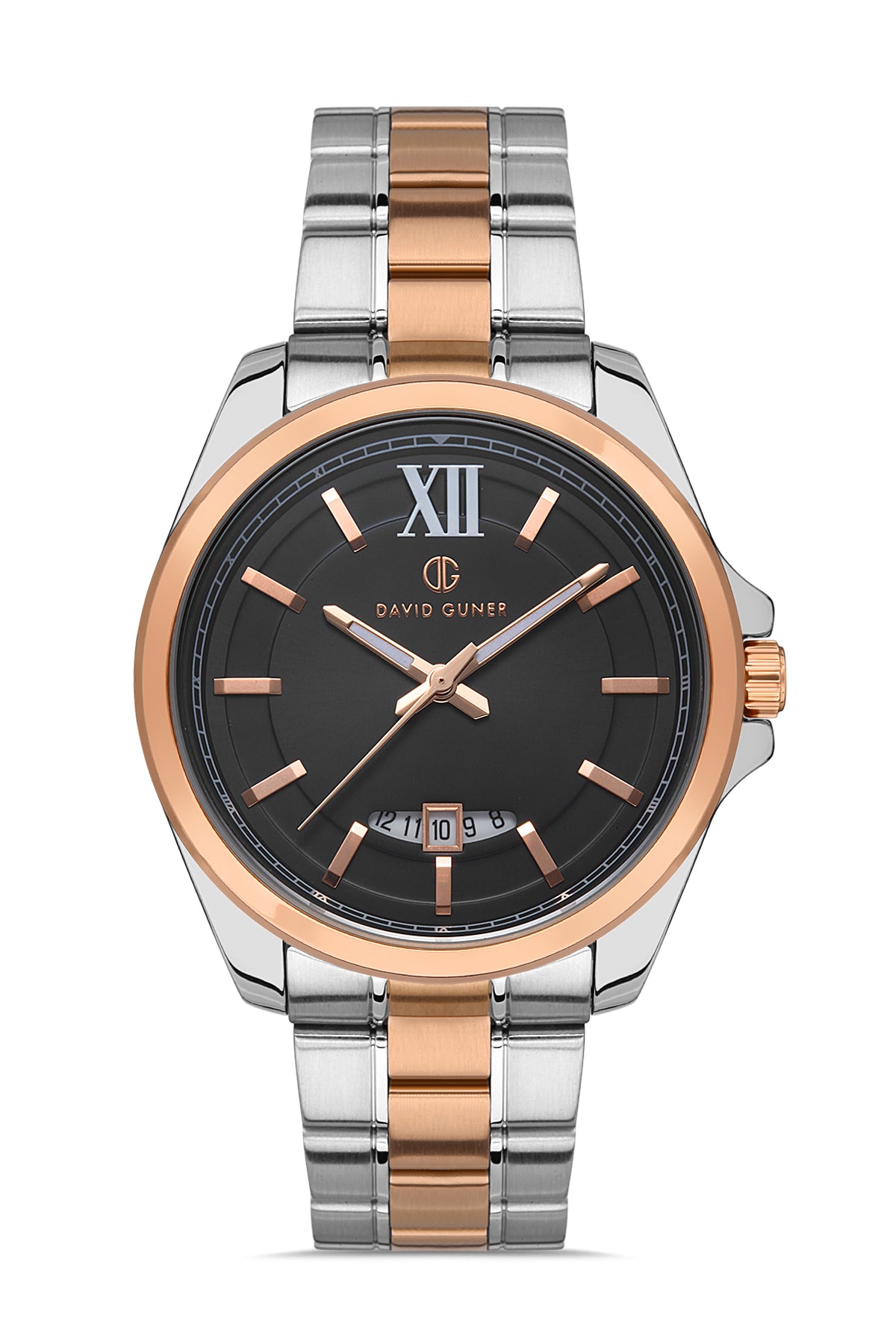 DAVID GUNER Rose-Beyaz Kaplama Siyah Kadranlı Takvimli Paslanmaz Masif Çelik Kordonlu Erkek Kol Saati - DG-8071GA-E2