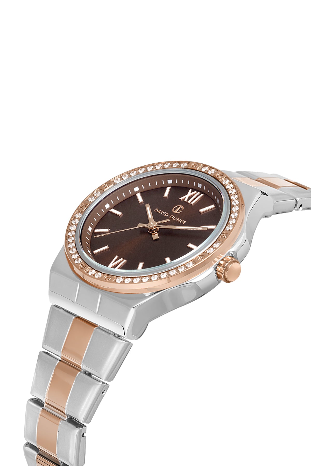 DAVID GUNER Brown Dial Rose Silver Plating Stone Women's Watch