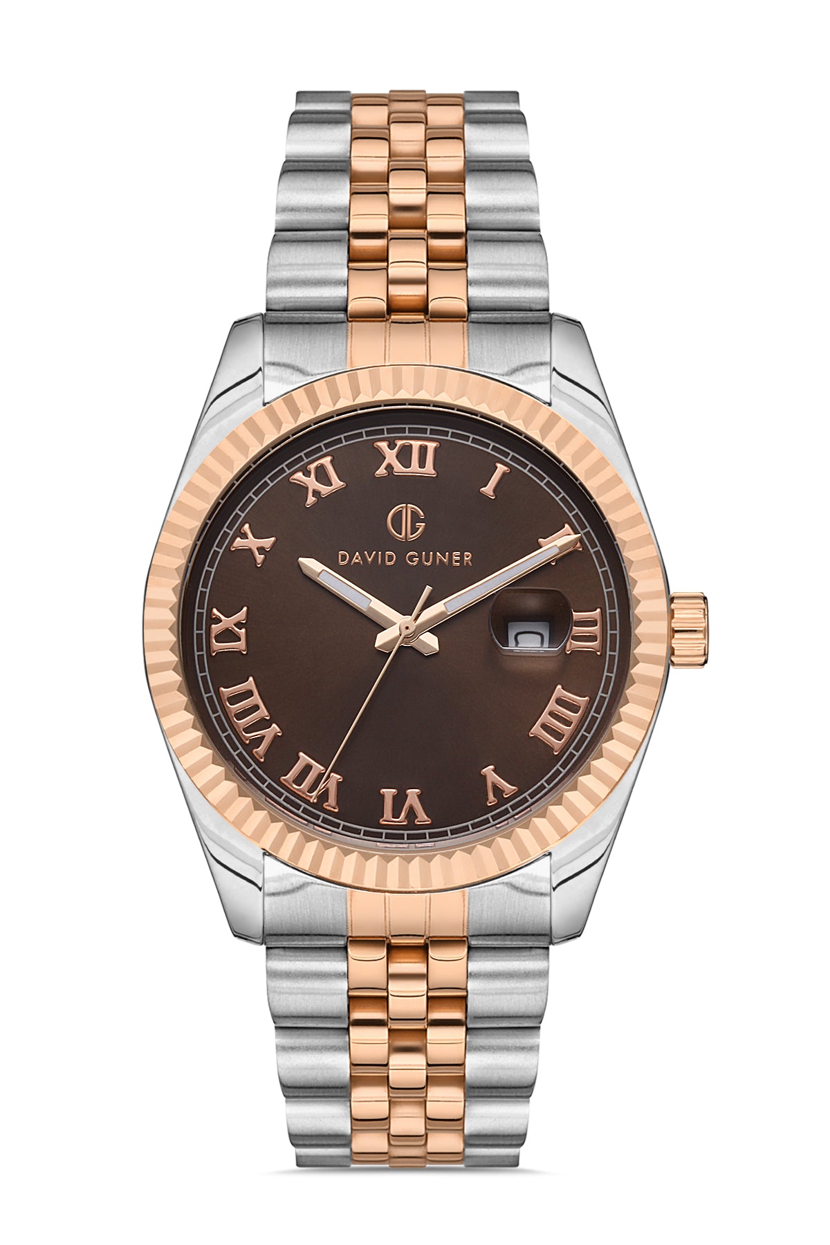 DAVID GUNER Rose-Gümüş İkili Kaplama Kahverengi Kadranlı Roma Rakamlı Takvimli Paslanmaz Masif Çelik Erkek Kol Saati - DG-8085GA-E6