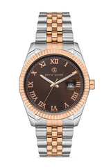 DAVID GUNER Rose-Gümüş İkili Kaplama Kahverengi Kadranlı Roma Rakamlı Takvimli Paslanmaz Masif Çelik Erkek Kol Saati - DG-8085GA-E6