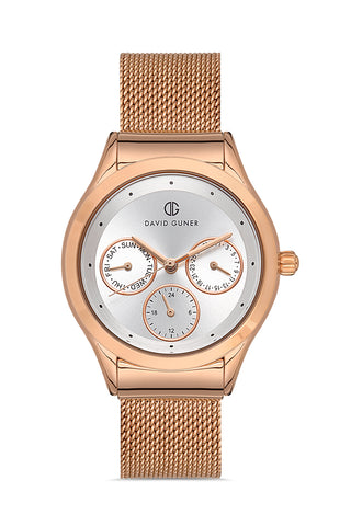 DAVID GUNER Rose Kaplama Gümüş Kadranlı Multi Fonksiyon Çelik Örme Kordon Kadın Kol Saati - DG-8276LC-C1