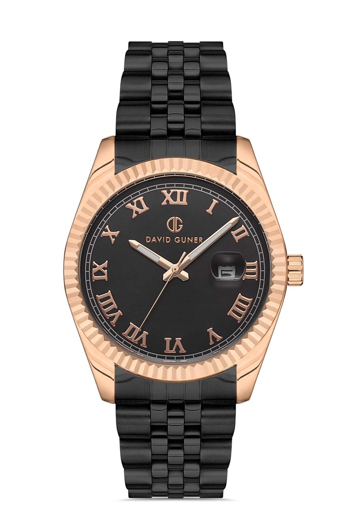 DAVID GUNER Rose Kaplama Siyah Kadranlı Roma Rakamlı Takvimli Paslanmaz Masif Çelik Erkek Kol Saati - DG-8085GA-R2