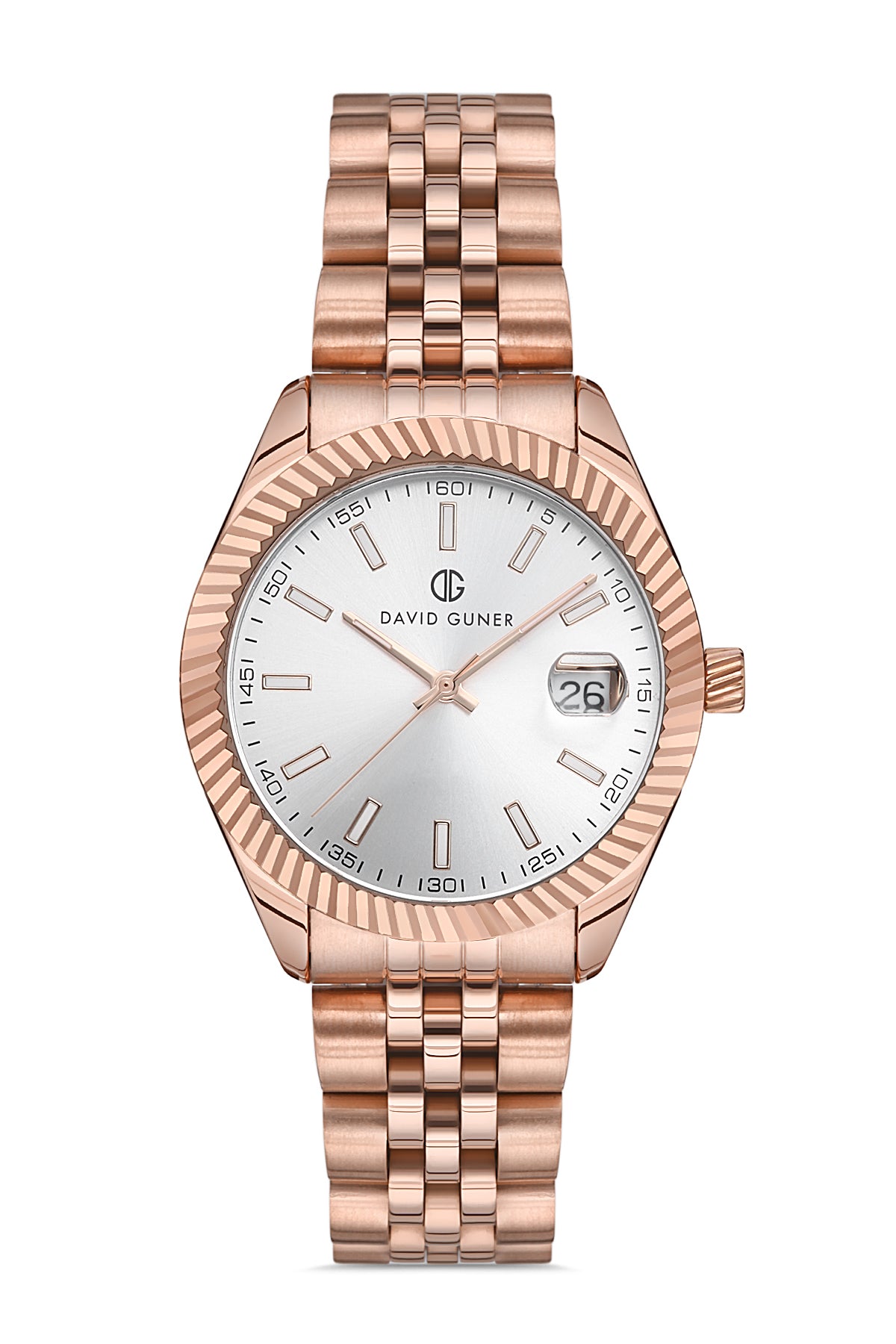 DAVID GUNER Rose Kaplama Gümüş Kadranlı Takvimli Paslanmaz Masif Çelik Kadın Kol Saati - DG-8058LA-C1