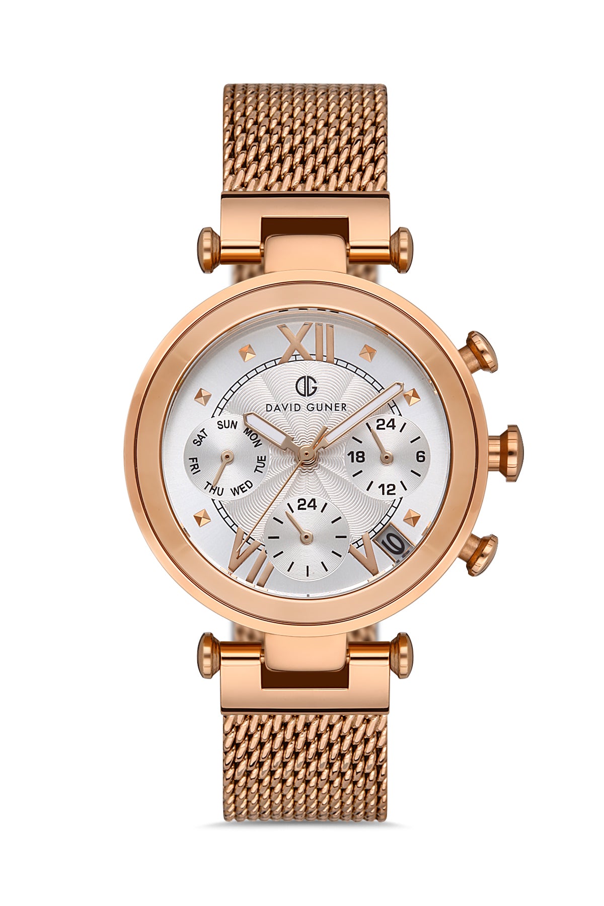 DAVID GUNER Rose Kaplama Gümüş Kadranlı Multi Fonksiyon Çelik Örme Kordon Kadın Kol Saati - DG-8280LC-C1
