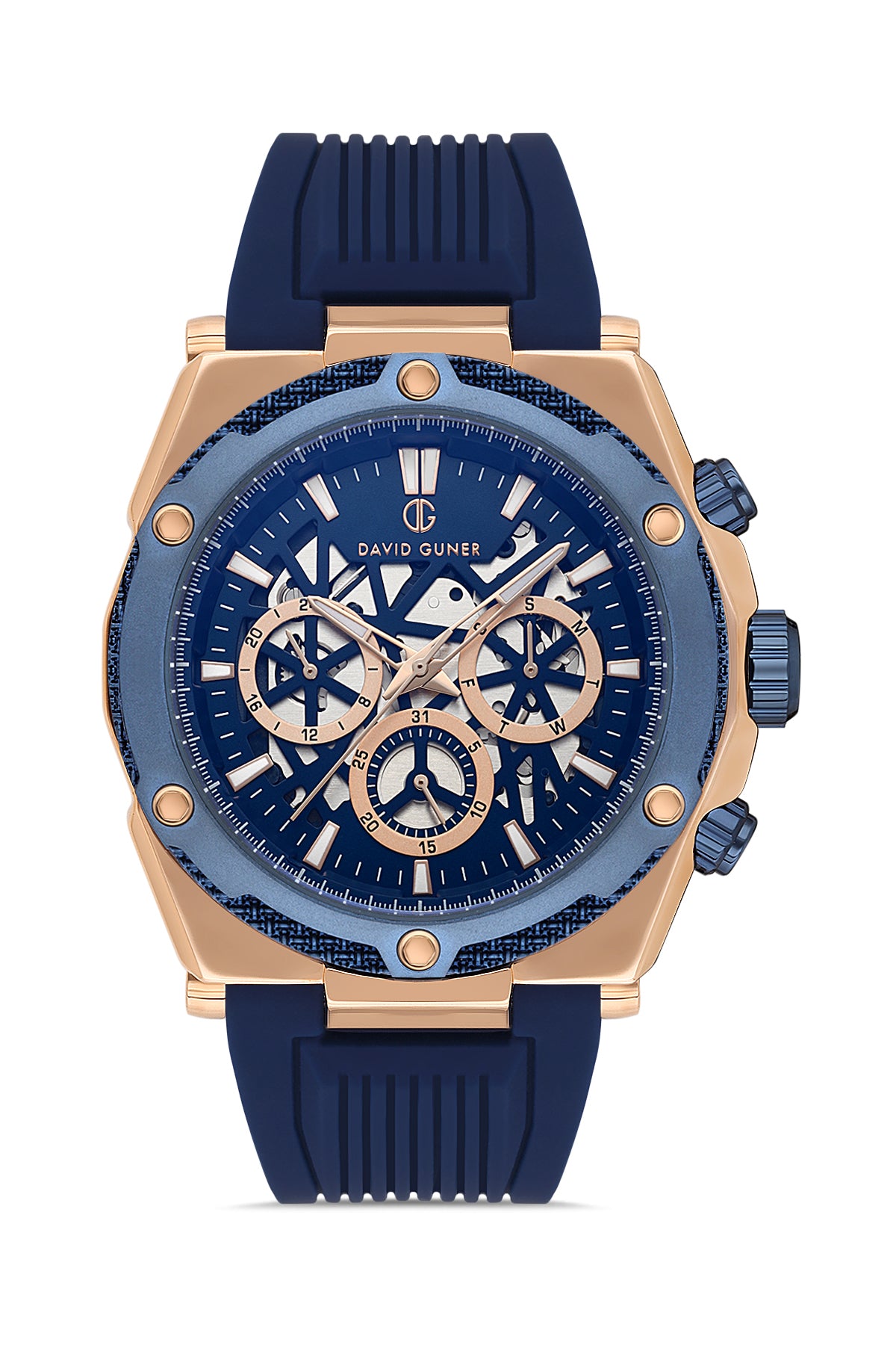 DAVID GUNER Rose Kaplamalı Lacivert Silikon Kordonlu Multi Fonksiyonlu Erkek Kol Saati - DG-8641GD-T3